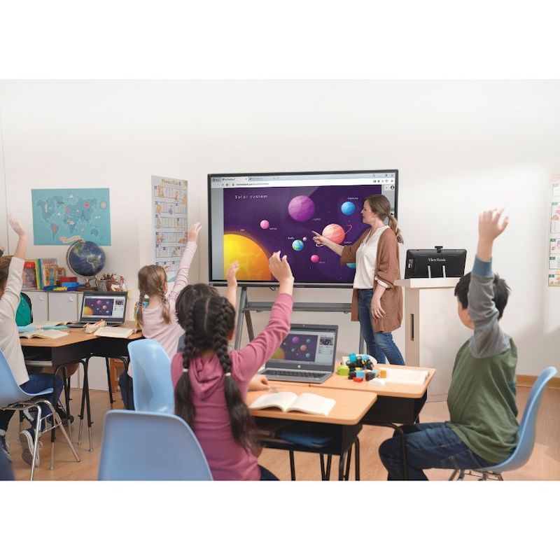 ViewSonic ViewBoard IFP52-2ED interactive flat panel display in a classroom setting, demonstrating multi-user touch and collaborative learning