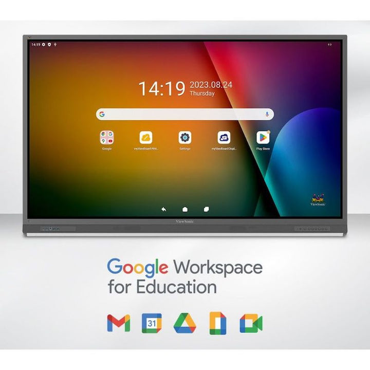 ViewSonic ViewBoard IFP52-2ED 4K display with Google Workspace integration, showing Google Drive and Docs on the interactive touchscreen