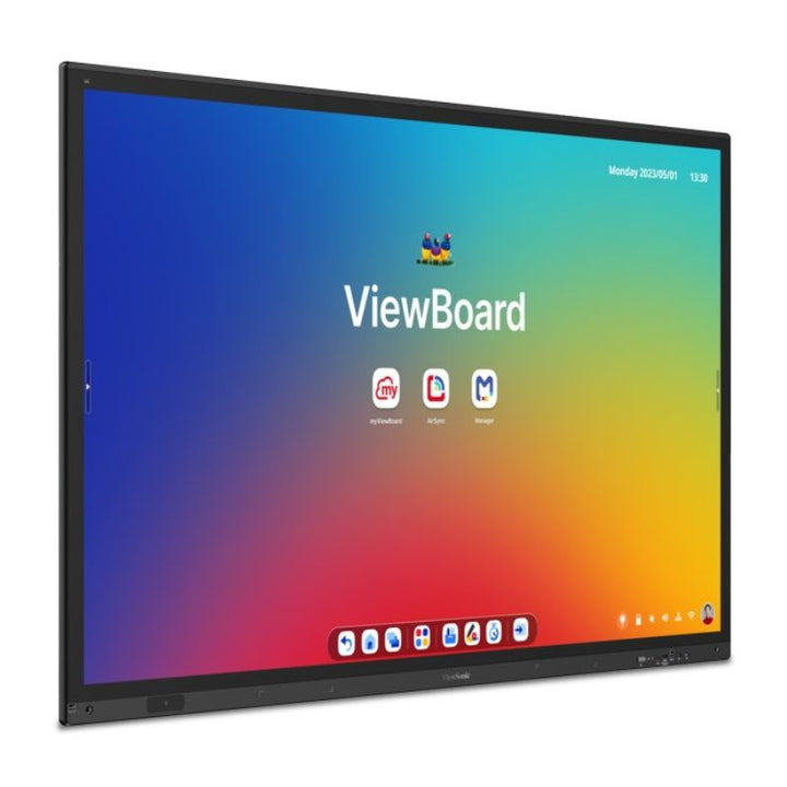 ViewSonic ViewBoard IFP63 Series interactive display at an angle, highlighting the PCAP touch surface and slim bezel for classrooms and meeting rooms