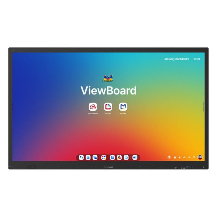 ViewSonic ViewBoard IFP63 Series interactive display shown front-on with the ViewBoard home screen active, a 4K EDLA-certified interactive display for classrooms and boardrooms