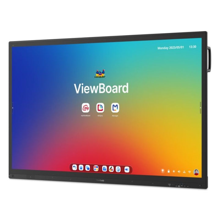 ViewSonic ViewBoard IFP63 Series interactive display from a right-angled view, showing the stylus holder on a 4K interactive display built for boardrooms and schools