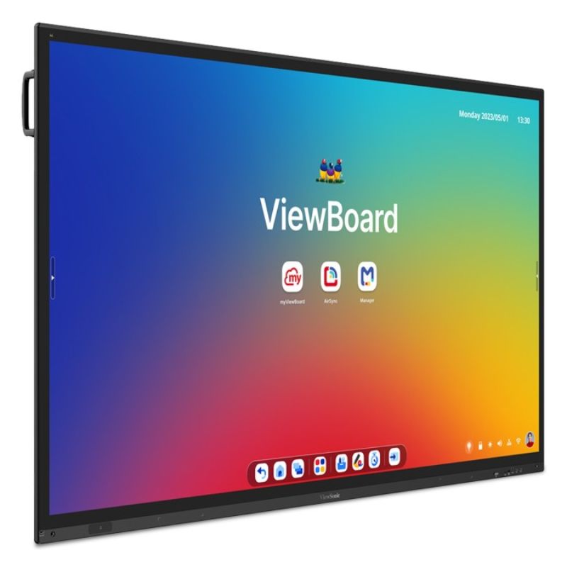 ViewSonic ViewBoard IFP8663 86 inch interactive display at an angle, highlighting the PCAP touch surface and slim bezel for boardrooms and classrooms