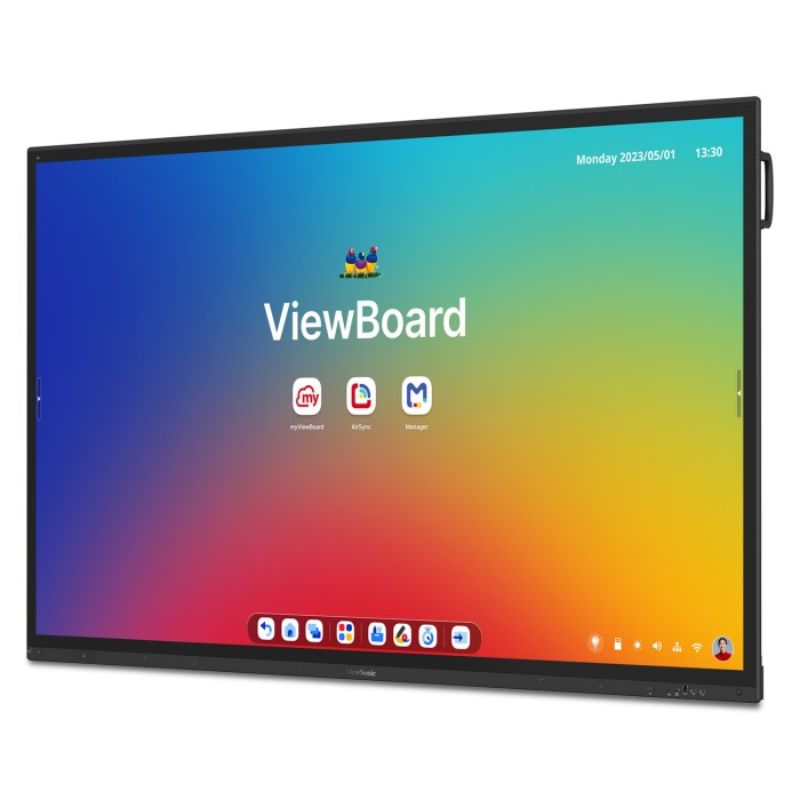 ViewSonic ViewBoard IFP8663 86 inch interactive display from a right-angled view, showing the stylus holder on a large-format 4K display built for schools and boardrooms