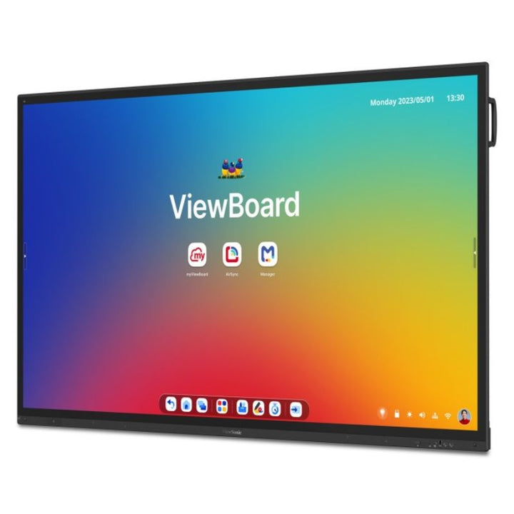 ViewSonic ViewBoard IFP8663 86 inch interactive display from a right-angled view, showing the stylus holder on a large-format 4K display built for schools and boardrooms