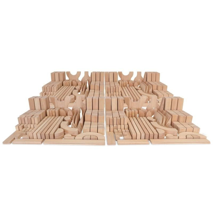 Whitney Brothers 680-Piece Full Unit Block Set landscape view showing the full collection of 680 hardwood blocks in 29 different shapes, ideal for classroom and early childhood block play