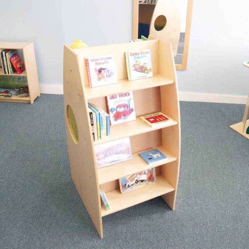Rear view of the Whitney Brothers Alone Zone showing the built-in backcase bookshelf that faces the classroom, designed to prevent climbing while providing book storage