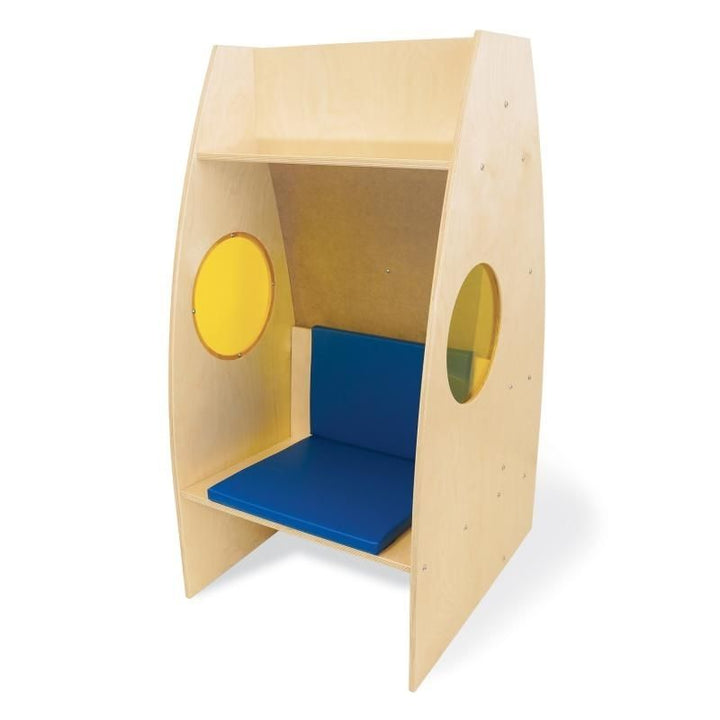 Front clean product view of the Whitney Brothers Alone Zone private reading chair showing the 23.5"x27.5"x48" birch plywood structure with shatterproof yellow acrylic side windows