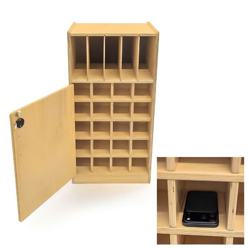 Whitney Brothers Cell Phone Locker with door open showing 20 individual secure phone cubbies, with close-up inset of a smartphone stored in one compartment