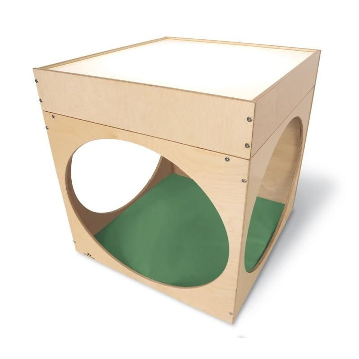 Clean product view of the Whitney Brothers Superbright LED Creative Cube and Mat Bundle, showing the birch plywood construction, LED-illuminated top surface, and side tunnel openings