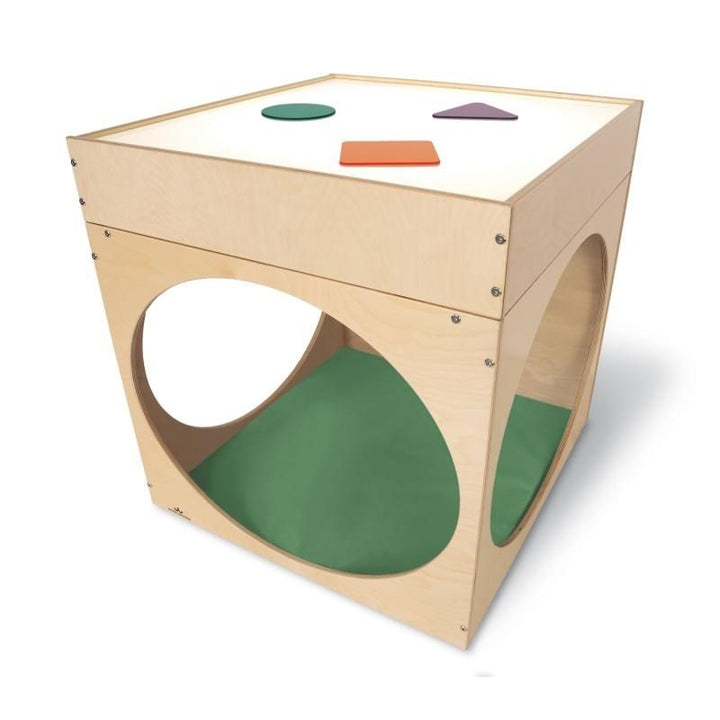 Portrait view of the Whitney Brothers Superbright LED Creative Cube and Mat Bundle showing the full birch plywood cube structure with LED light table on top and tunnel side openings