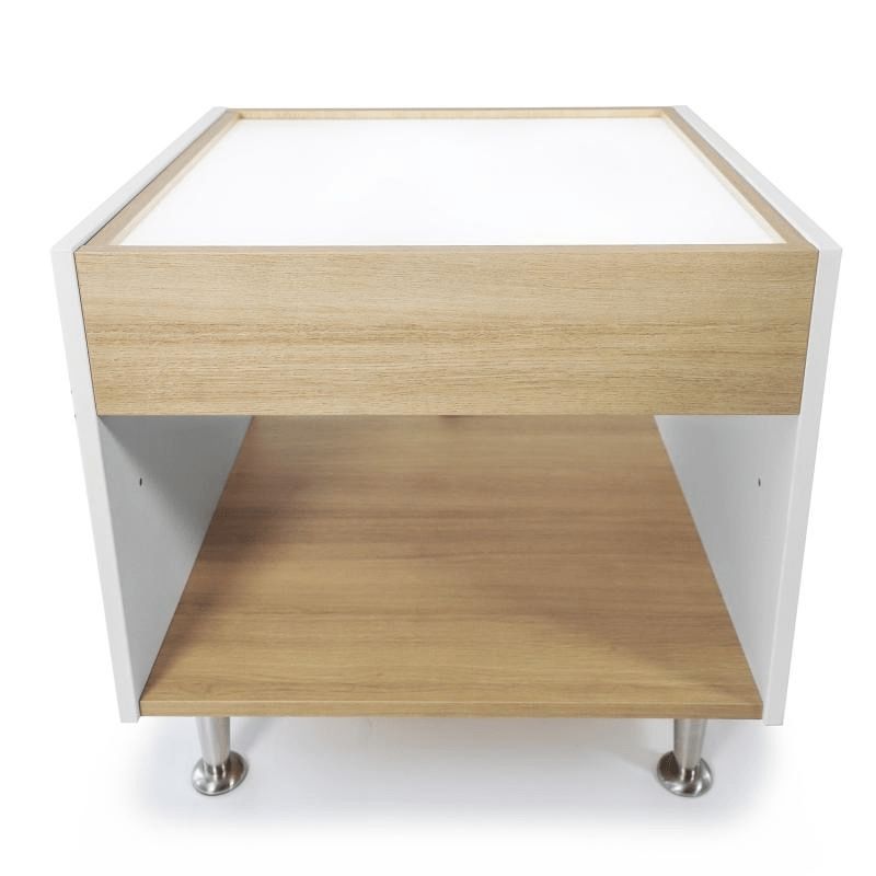 Clean product view of the Whitney Brothers elevatED Adjustable Light Table WB0760 showing the height-adjustable 18"-24" LED light table with white and textured white oak melamine construction