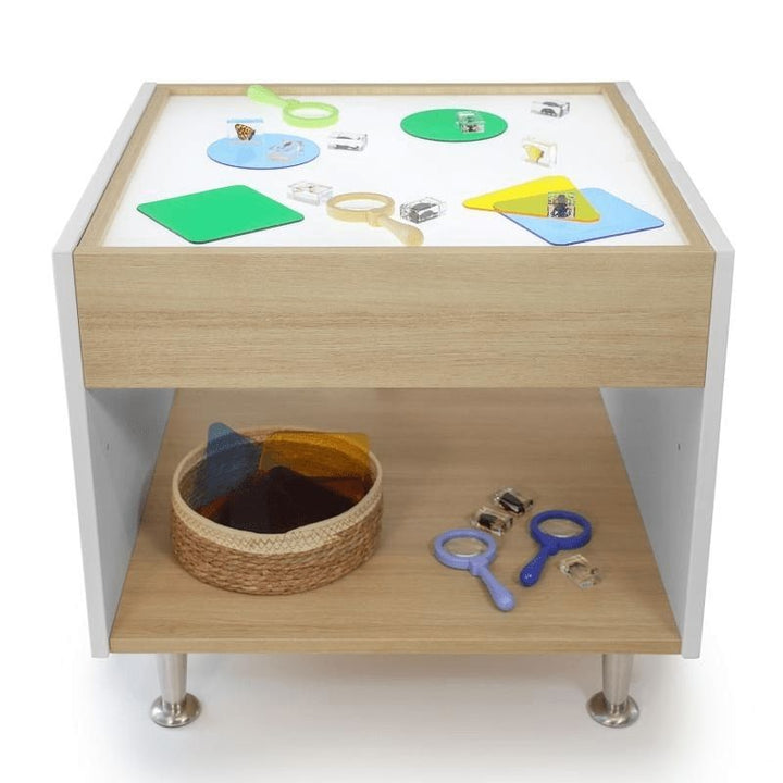 Whitney Brothers elevatED Adjustable Light Table front product view on white background showing the contemporary two-tone design with brushed nickel legs and the 26"x24.5" LED surface