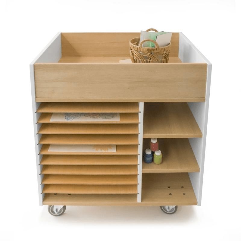 Whitney Brothers elevatED Art Supply Cart front view showing the two fixed horizontal shelves, larger right-side compartments, and left-side cubbies for classroom art supply storage