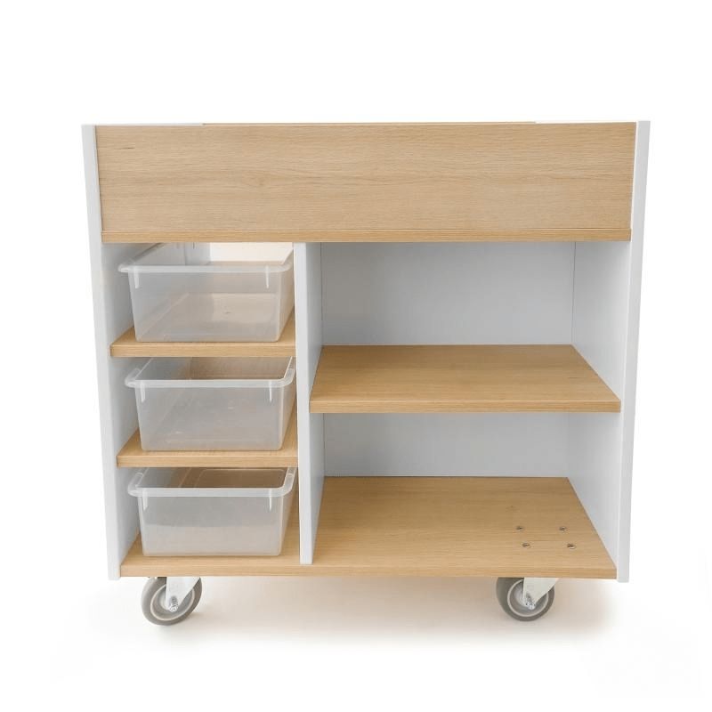 Whitney Brothers elevatED Art Supply Cart showing the three included clear plastic trays in the back fixed shelves and the ten slotted horizontal paper storage shelves with removable dividers