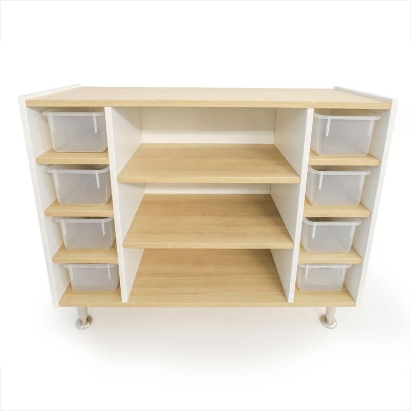 Clean front view of the Whitney Brothers elevatED Combo Tray Storage Cabinet WB1139 showing the three open centre shelves, two side cubby columns with eight included trays, and brushed nickel legs