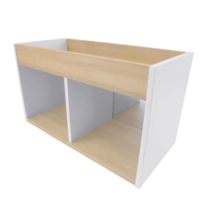 Clean product view of the Whitney Brothers elevatED I-See-Me Toddler Mirror Cabinet WB1967 showing the full 31"x14.75"x18" contemporary white and textured white oak design with no visible screws