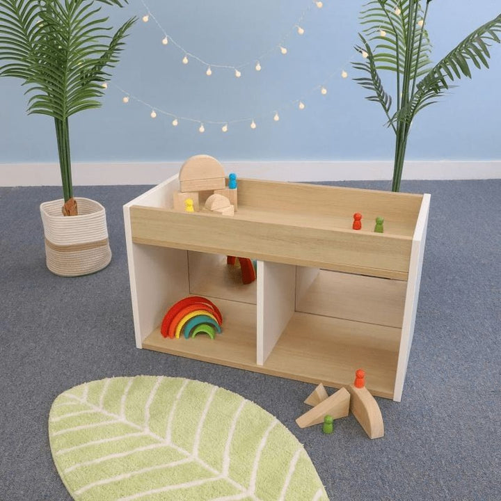 Whitney Brothers elevatED I-See-Me Toddler Mirror Cabinet in a classroom setting showing the full-width shatterproof acrylic mirror and the contemporary elevatED Collection two-tone design