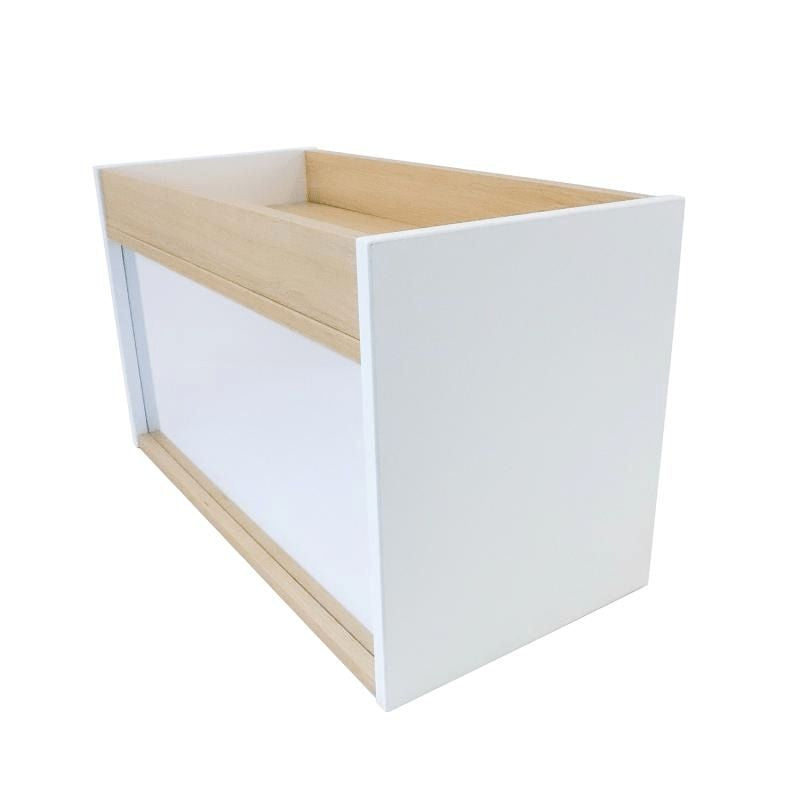 Side view of the Whitney Brothers elevatED I-See-Me Toddler Mirror Cabinet showing the 14.75" depth, professional-grade edge banding, and the 3/4-inch thermofused melamine construction