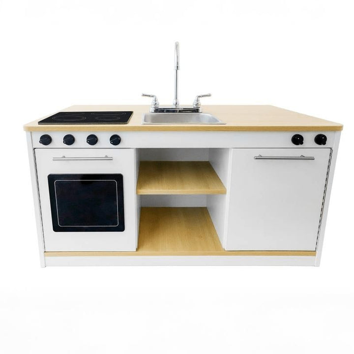 Whitney Brothers elevatED Kitchen Island Breakfast Bar front view with cabinet doors closed showing the full contemporary two-tone white and textured white oak design
