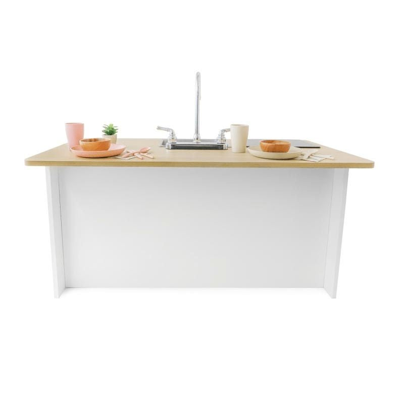 Rear view of the Whitney Brothers elevatED Kitchen Island Breakfast Bar showing the overhanging breakfast bar counter where children pull up a stool to socialise and eat