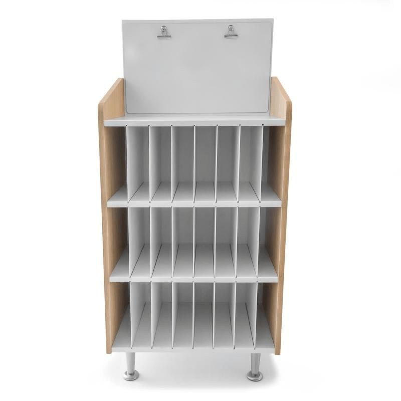 Clean product view of the Whitney Brothers elevatED Mail and Message Center WB1914 showing the contemporary white and textured white oak design with brushed nickel legs and floor-protecting pads