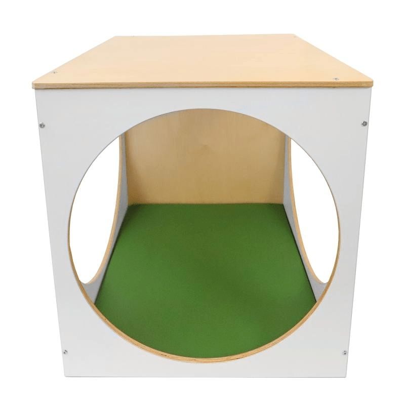 Clean product view of the Whitney Brothers elevatED Play House Cube with Floor Mat WB2920 showing the full 29"x29" Baltic birch plywood quiet space cube with circular openings