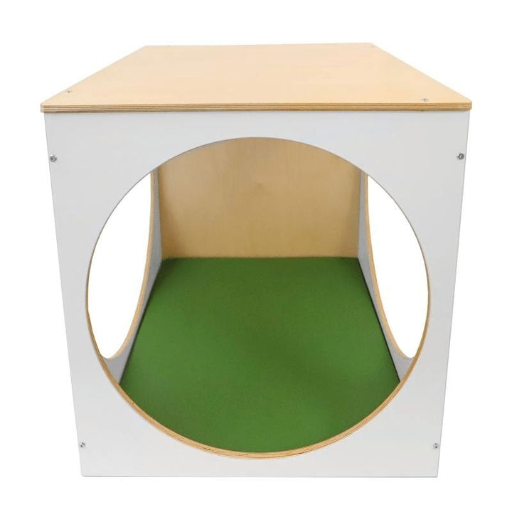 Clean product view of the Whitney Brothers elevatED Play House Cube with Floor Mat WB2920 showing the full 29"x29" Baltic birch plywood quiet space cube with circular openings