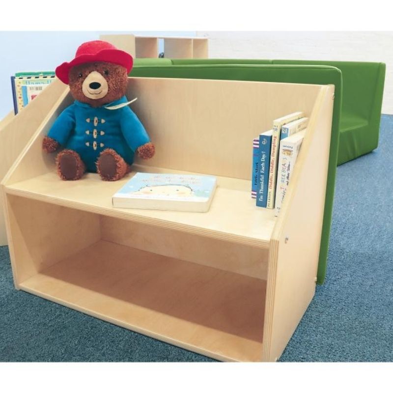 Side view of the Whitney Brothers Five Section Reading Nook showing the full half-circle arrangement of five padded birch plywood sections and the two back-shelf storage on each section