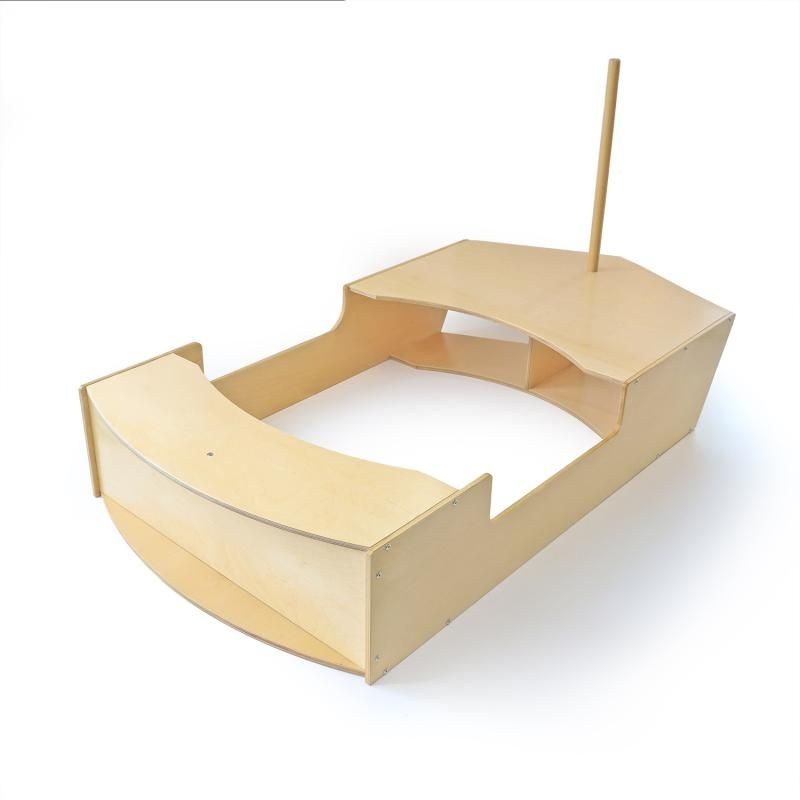 Second clean view of the Whitney Brothers Imagination Boat showing the open deck from a different angle, the bow crawl-through detail, and the antimicrobial birch plywood construction