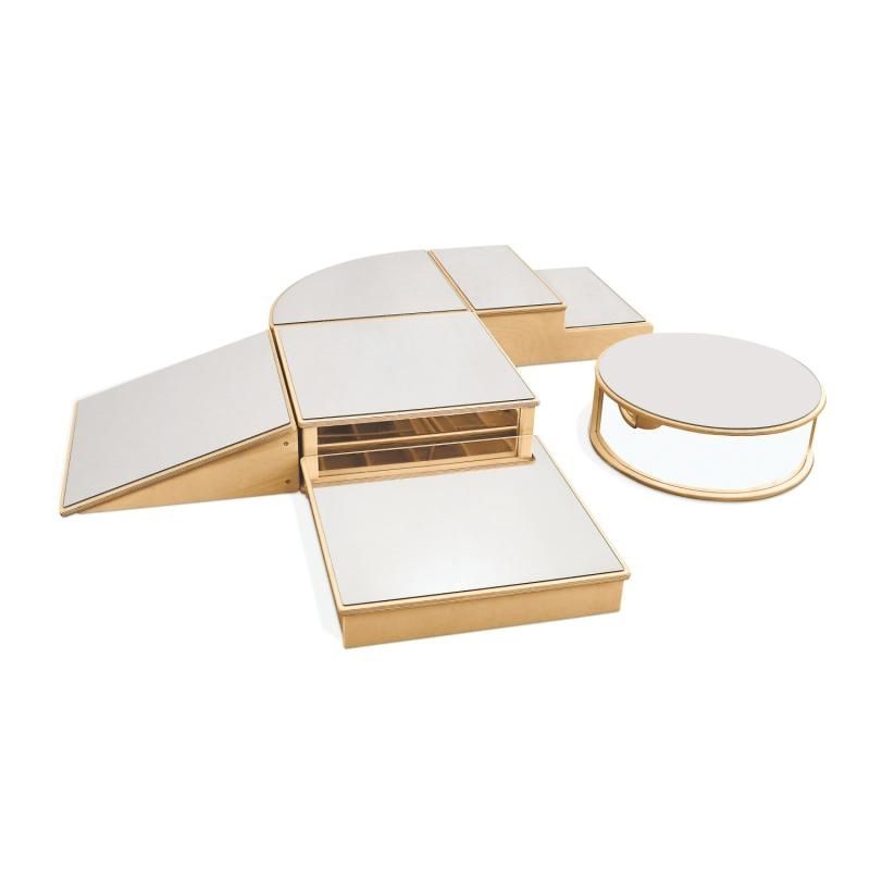 Clean product view of the Whitney Brothers Infant Floor Mirror Set showing all six distinct birch plywood mirror block shapes with shatterproof acrylic mirror surfaces