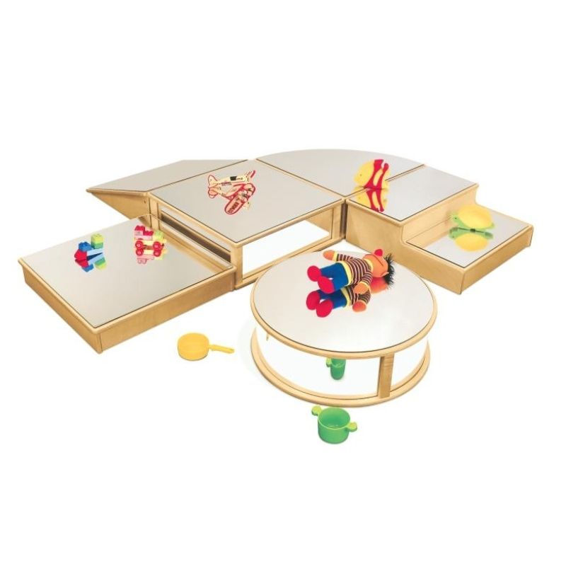 Portrait view of the Whitney Brothers Infant Floor Mirror Set with toys, showing all six different shatterproof mirror block shapes arranged for infant floor play and discovery