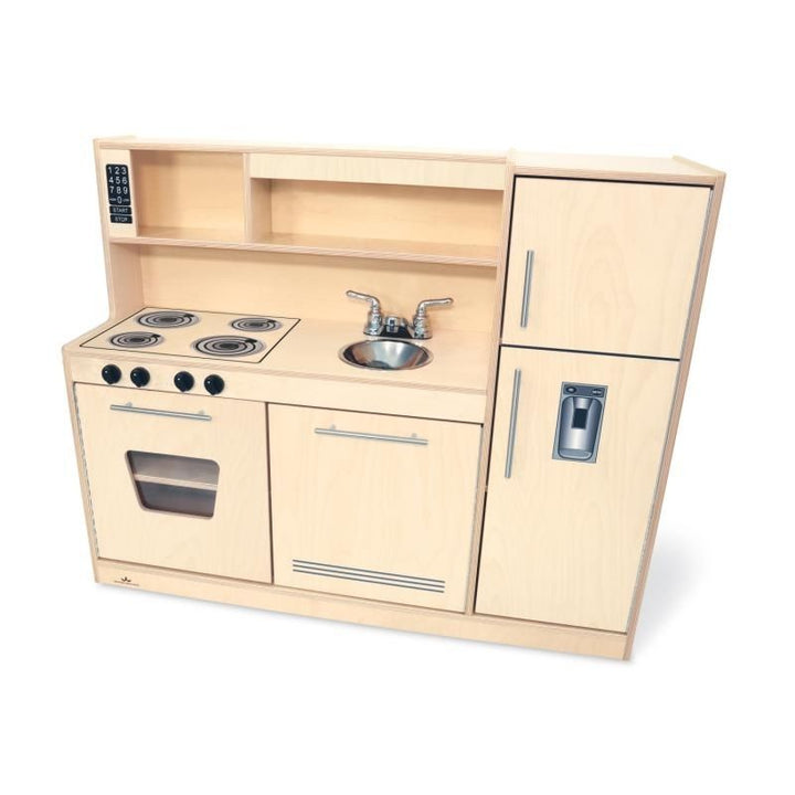 Clean product view of the Whitney Brothers Contemporary Kitchen Combo Natural showing the warm natural birch finish, matte chrome handles, and contemporary design of the compact play kitchen