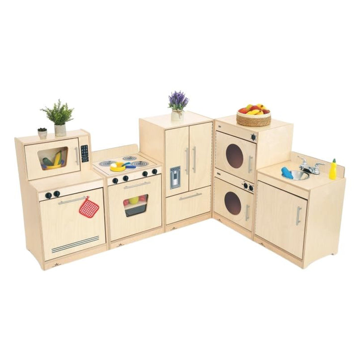 Whitney Brothers Contemporary Kitchen Ensemble Natural first clean product view showing the full 95" five-piece natural birch plywood play kitchen set