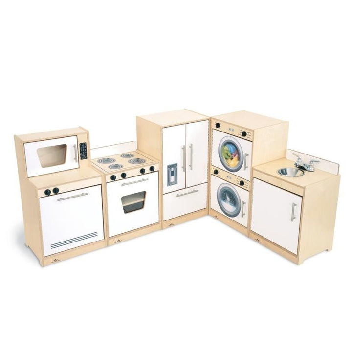 Whitney Brothers Contemporary Kitchen Ensemble Natural detail view showing the warm natural UV wood finish, matte chrome handles, and contemporary design of the birch plywood play kitchen