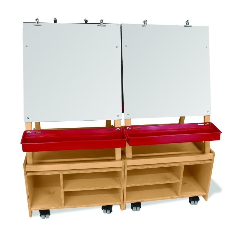 Whitney Brothers Mobile Art Center Four Station Set front view showing the full 49" wide cabinet with four double-sided removable easels, write-and-wipe panels, and adjustable paint trays