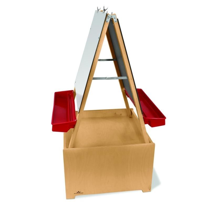 Side view of the Whitney Brothers Mobile Art Center Four Station Set showing the non-marking lockable casters, base cabinet storage, and the easel slots on the top of the birch plywood cabinet