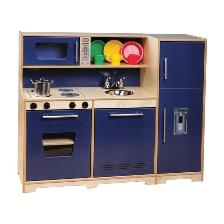 Whitney Brothers Monaco Combo Kitchen Playset full landscape view showing the 48-inch all-in-one unit with integrated stove, sink, and refrigerator in premium birch plywood
