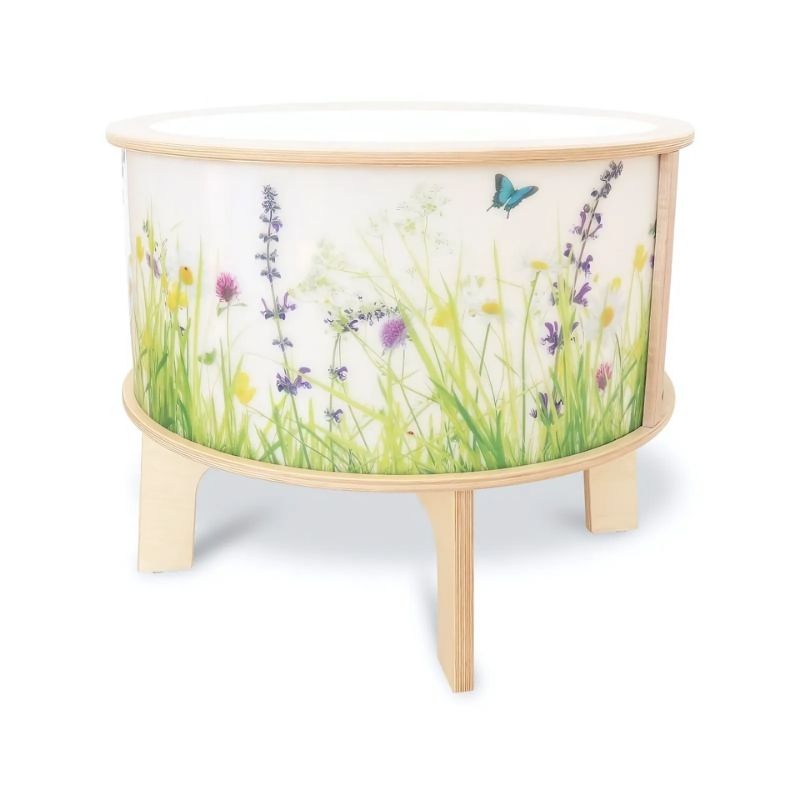 Clean product view of the Whitney Brothers Nature View Radiant LED Light Table showing the shatterproof acrylic top, illuminated nature scene side panels, and 25mm birch plywood legs