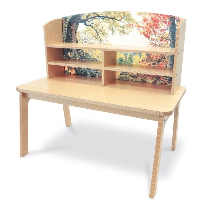 Clean product view of the Whitney Brothers Nature View Writing Center WB0856 showing the full 42.5"x26"x40" 1" birch plywood writing desk with forest scene acrylic panel and integrated shelves