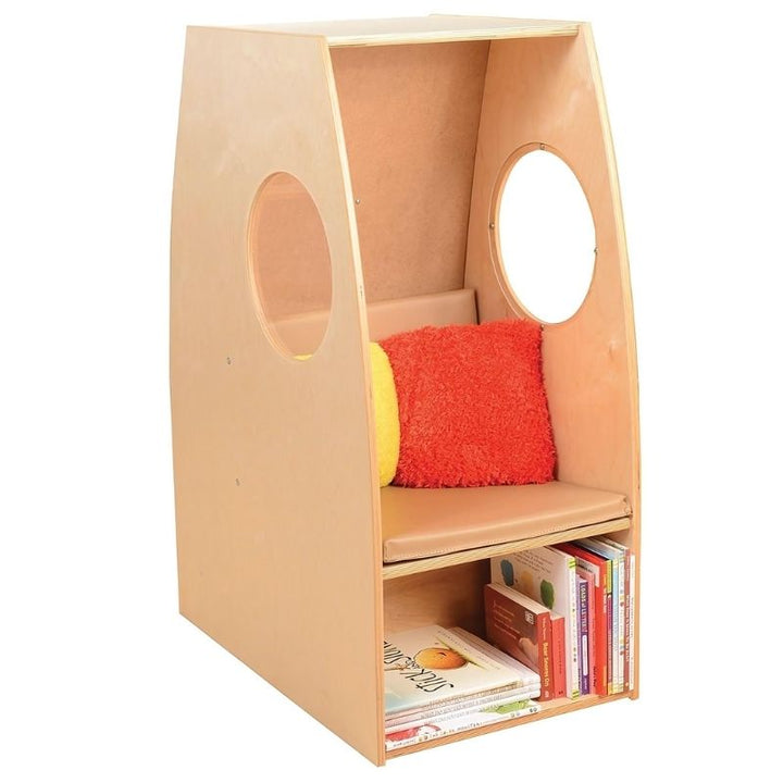 Whitney Brothers Nestled Nook full landscape view showing the enclosed birch wood reading nook and calm corner with two clear acrylic portholes, for classrooms and home