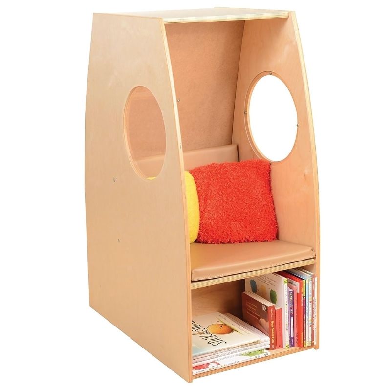 Whitney Brothers Nestled Nook full landscape view showing the enclosed birch wood reading nook and calm corner with two clear acrylic portholes, for classrooms and home