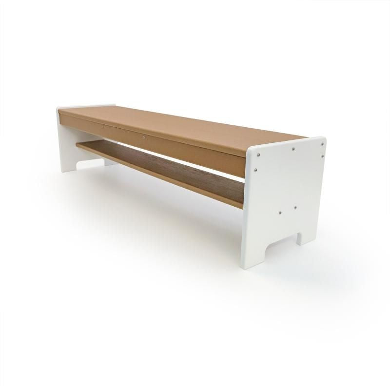 Whitney Brothers outdoorED outdoor bench in landscape orientation, showing textured woodgrain maple finish and integrated lower storage shelf