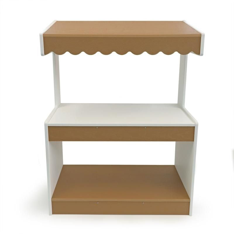 Whitney Brothers outdoorED Market Stand close-up detail showing writable awning front panel and textured woodgrain maple and polar white HDPE outdoor dramatic play stand finish