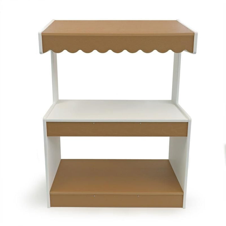 Whitney Brothers outdoorED Market Stand close-up detail showing writable awning front panel and textured woodgrain maple and polar white HDPE outdoor dramatic play stand finish