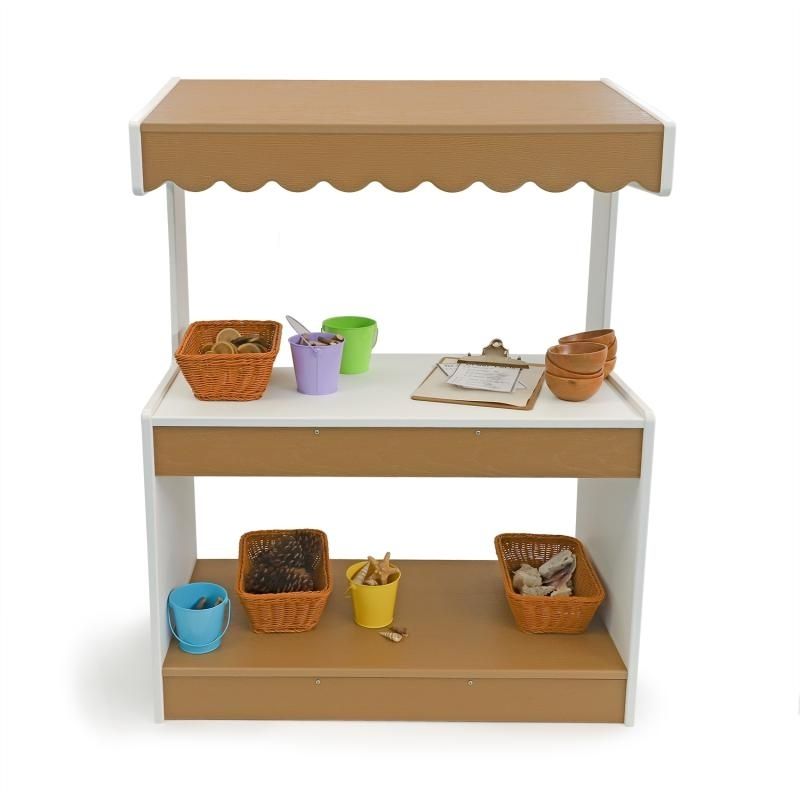 Whitney Brothers outdoorED Market Stand portrait view showing weatherproof HDPE outdoor dramatic play stand with sloped awning and writable front panel for outdoor classroom use