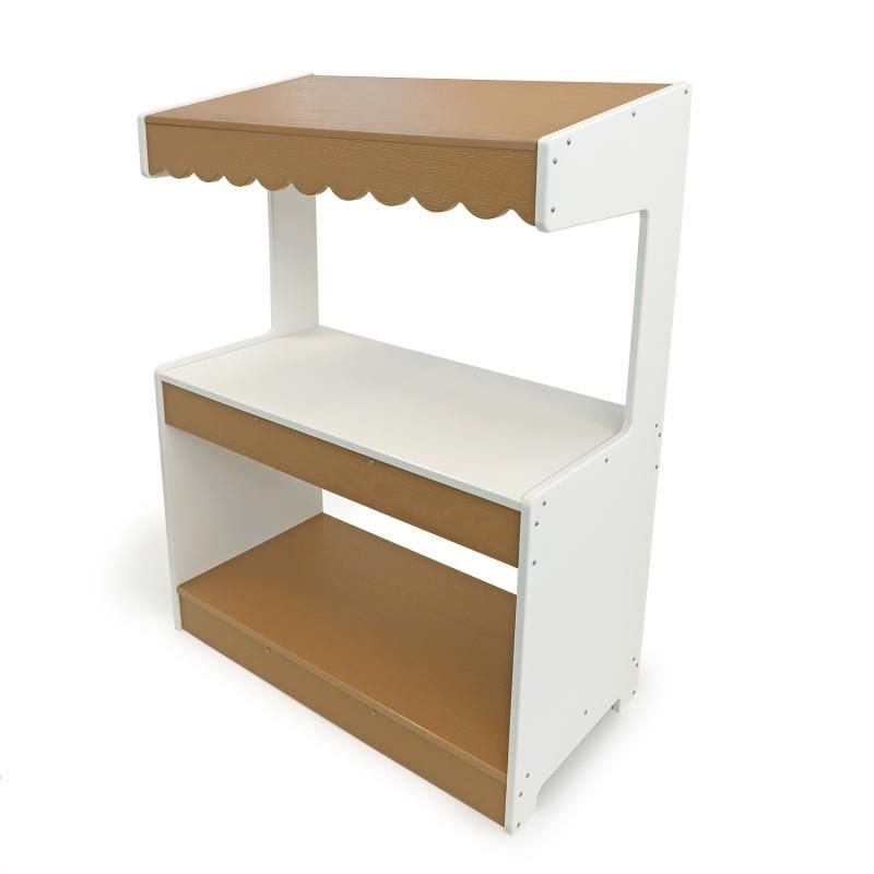 Side profile view of the Whitney Brothers outdoorED outdoor dramatic play stand showing weatherproof HDPE construction, wide stability base, and dual-sided lower storage compartment