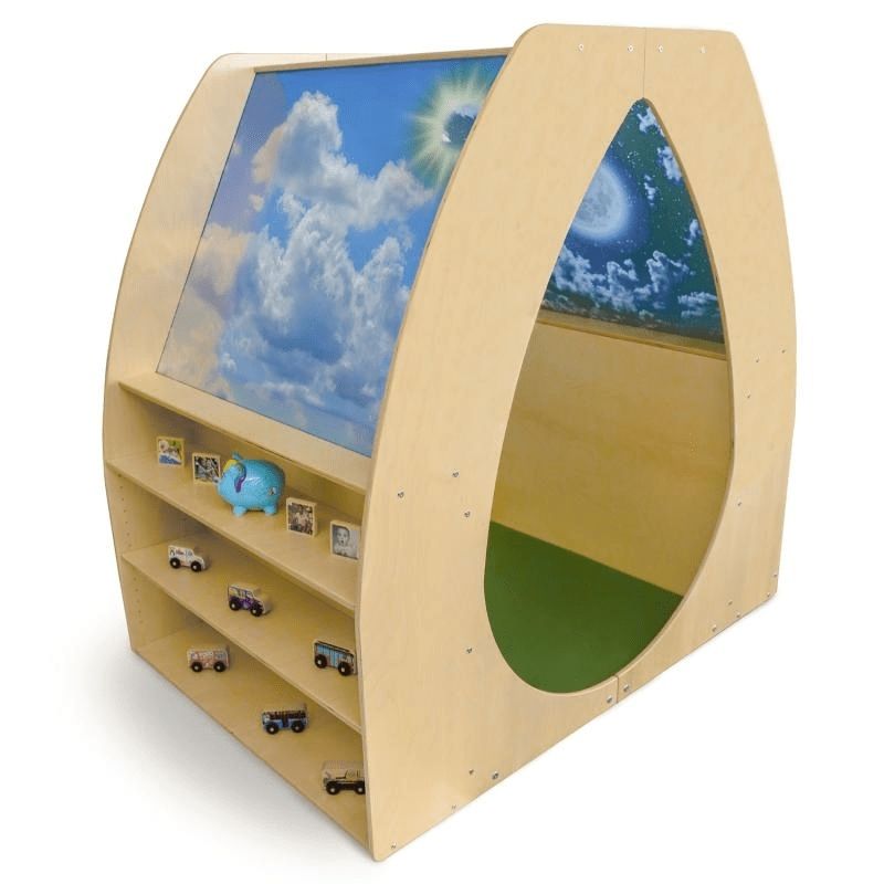 Right side clean product view of the Whitney Brothers Sky View Sanctuary showing the three cascading fixed exterior shelves and the curved opening of the 58.75" wide biophilic reading nook