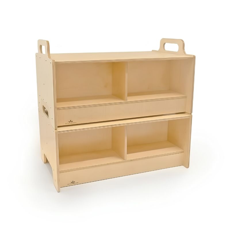 Two Whitney Brothers Stack-Able Benches stacked together and converted into a four-compartment double-sided storage cabinet, demonstrating the interlocking flexible classroom furniture design