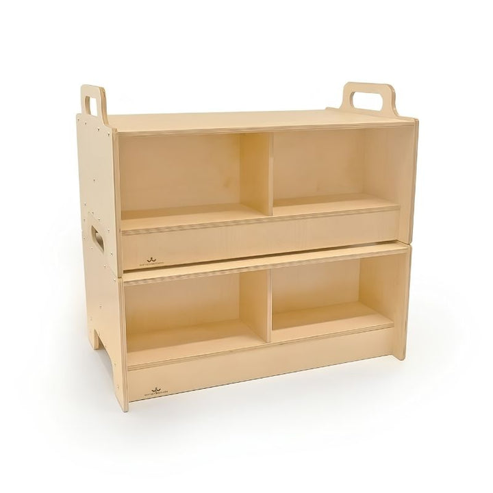 Two Whitney Brothers Stack-Able Benches stacked together and converted into a four-compartment double-sided storage cabinet, demonstrating the interlocking flexible classroom furniture design