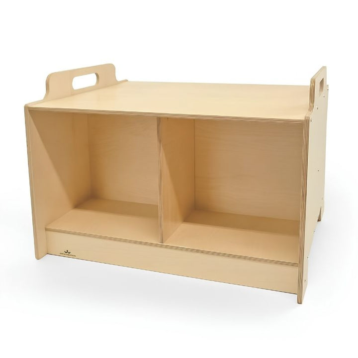 Whitney Brothers Stack-Able Table in natural birch plywood on white background, showing the two divided below-surface storage compartments and hand-hold cutouts on the side panels